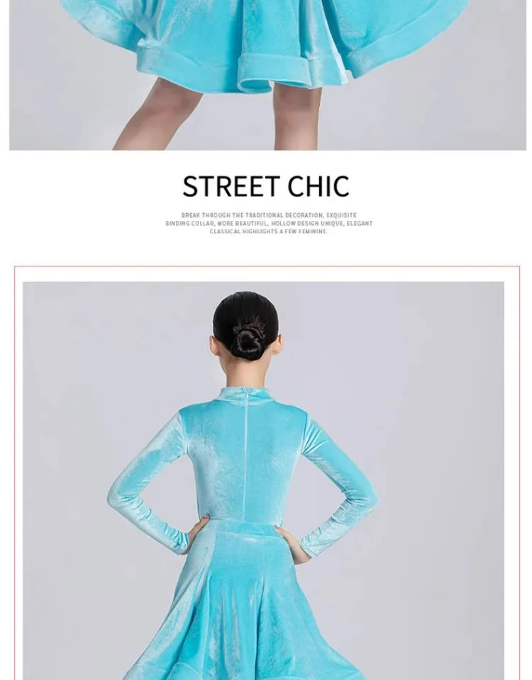 Girls' Latin Dance Dress Autumn/Winter Long Sleeve Professional Practice Dress Velvet Split Set Dance Performance Dress