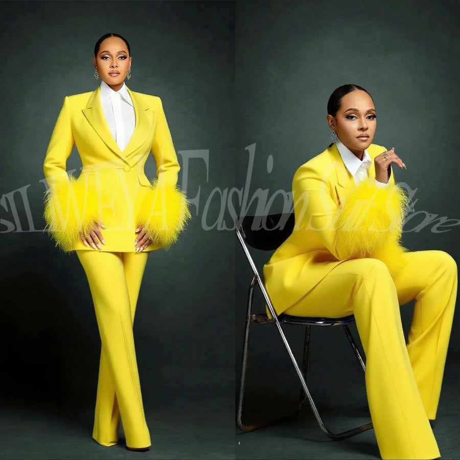 Fashion Chic Suits For Women Luxury Feather Applique Single Breasted 2 Pieces Female Suit (Blazer+Pants) Conjuntos De Pantalones