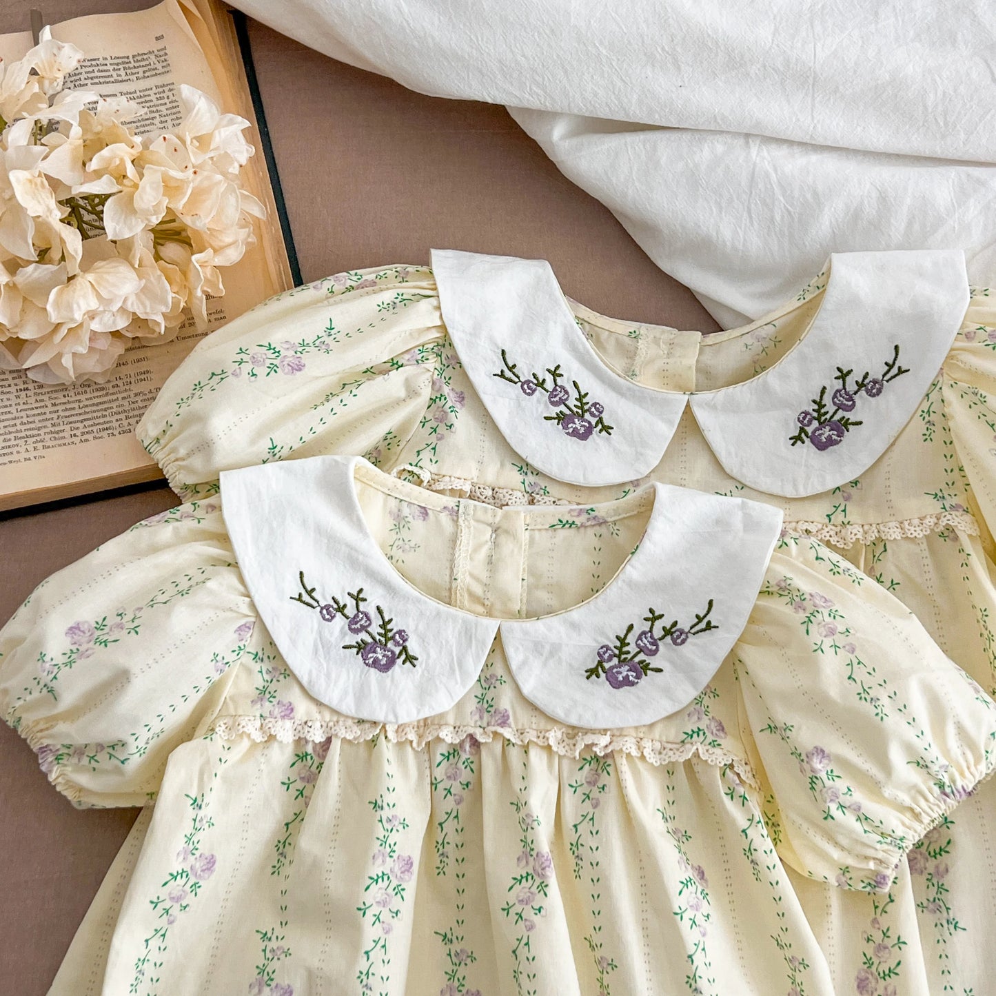 New Girls Clothes 1-6Yrs Baby Girls Dresses Floral Purple Puff Sleeve Dress Summer Dresses Embroidered Collar Boutique Clothes