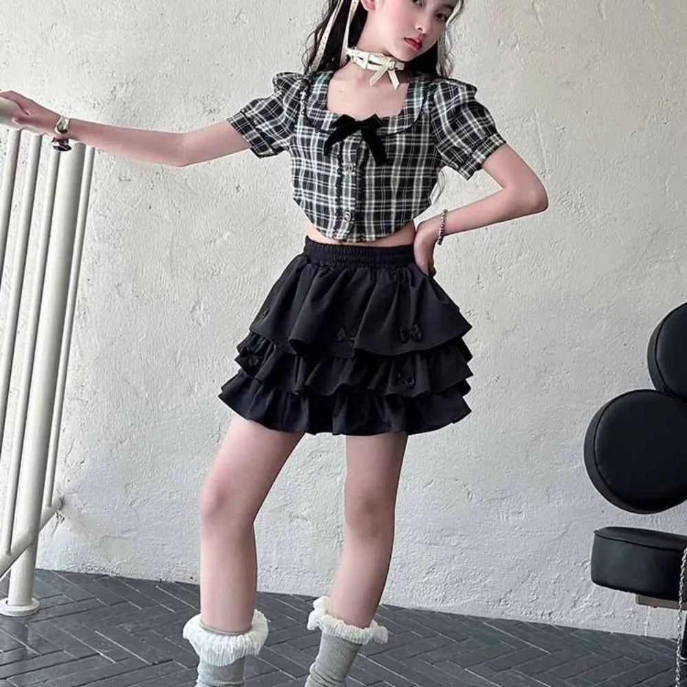 Cake Dress Sweet Girls Wear Suit Teens Party T-shirt Plaid Skirt Set Short Sleeve Preppy Style Costume Children Summer Clothes