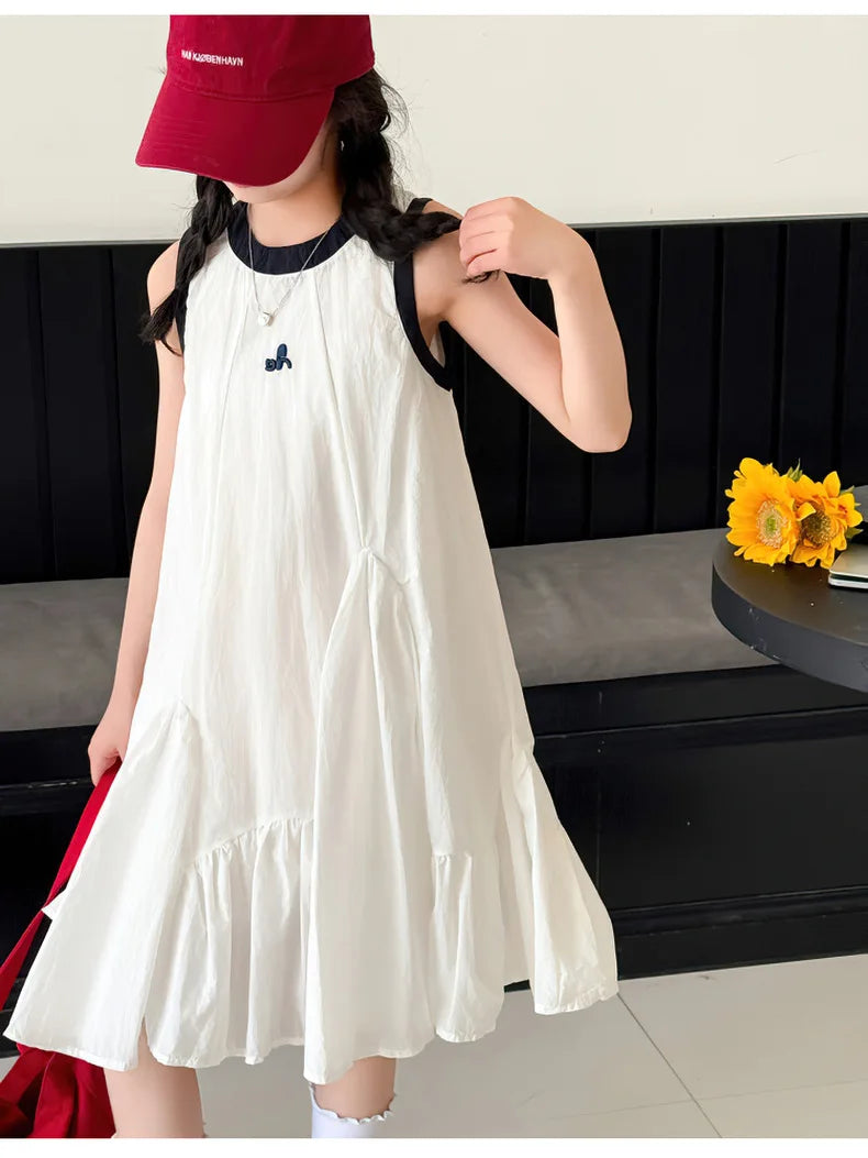 New Summer Girls Princess Dress Kids Sleeveless Dress with Ruffles Design Dresses for Teen Child Casual Vacation Beach Dress