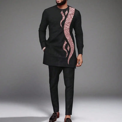 African traditional dress men's suit Long sleeve ethnic style printed patchwork shirt casual pants 2 piece holiday casual suit