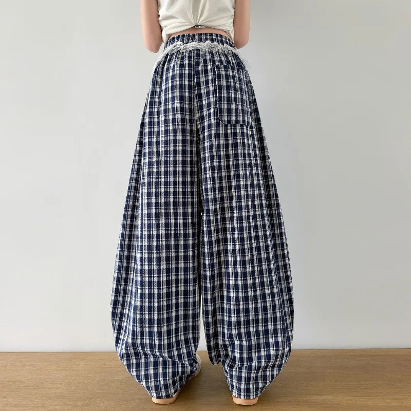 Girls Pants Spring Summer 2026 Minimalist Cute Casual Plaid Wide Leg Pants Elastic Waist Lace Ruffle Trim Children's Clothing