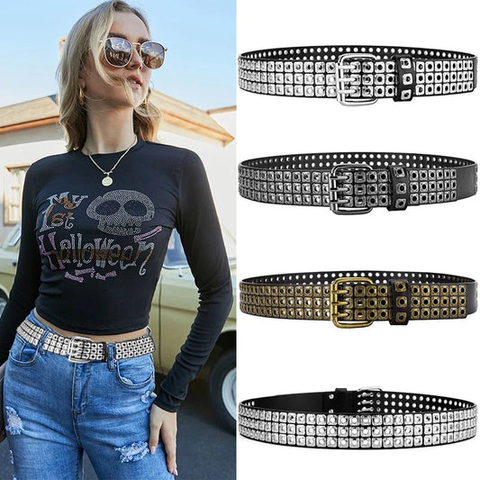 New Women Belt  Fashion Square Beads, Willow Nails, Three Exhaust Eyes, Punk Street Cool, Personalized Men's and Women's Belts