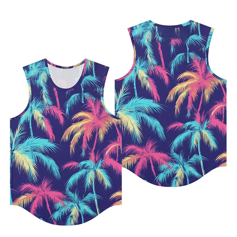 Men Vests Trendy Tropical Monstera Printed Breathable Beach Artistic Essential Tank Top Activewear Sports Oversized Clothing