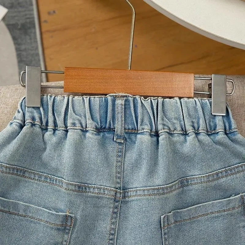 Girls Denim Shorts 2025 Summer New Big Children Embroiderers Bow Short Jeans Teenager Casual Loose Pants Kids Fashion Clothing