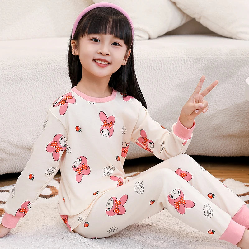 Girls' pure cotton underwear spring and autumn cartoon print loungewear set children's pajamas comfortable crew neck topandpants