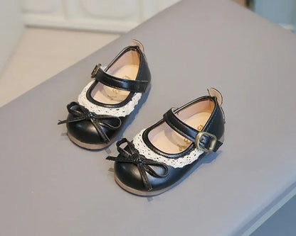 Girls Walking Shoes Sweet Lace Simple Bows 2025 New Baby Princess Shoes Round Toes Kids Leather Shoes Non-slip Soft Sole Flats