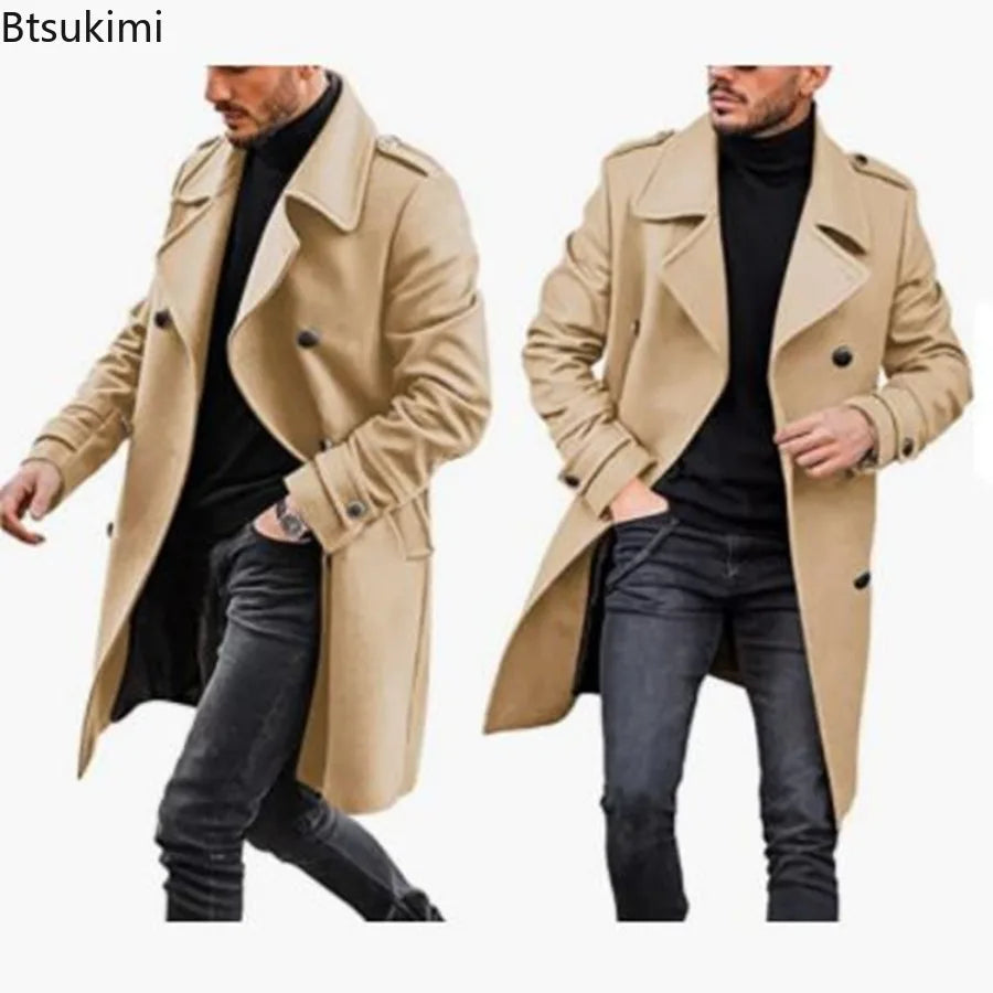 New Men's Woolen Coats Fashion Double-breasted Lapel Mid-length Jacket Solid Thicken Warm Overcoat Autumn Winter Men Trench Coat