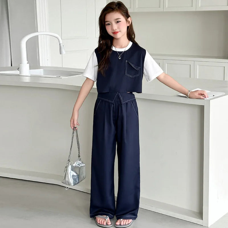 summer teen girls clothes set Rear buckle Splicing T-shirt+Flip over wide leg pants 2pcs junior kid suit child Pantsuits outfits