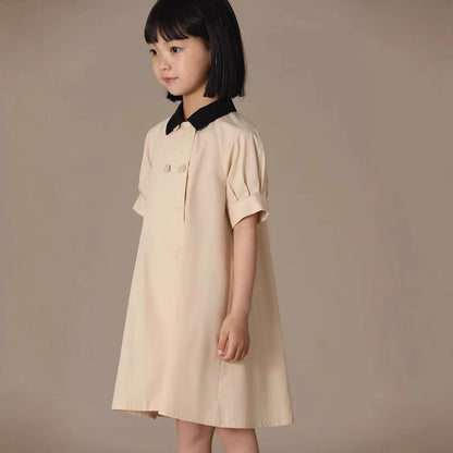 Girls Dress 2025 Spring Summer New Simple Temperament Cotton Contrasting Turn-down Collar Double Breasted Short Sleeved Dress