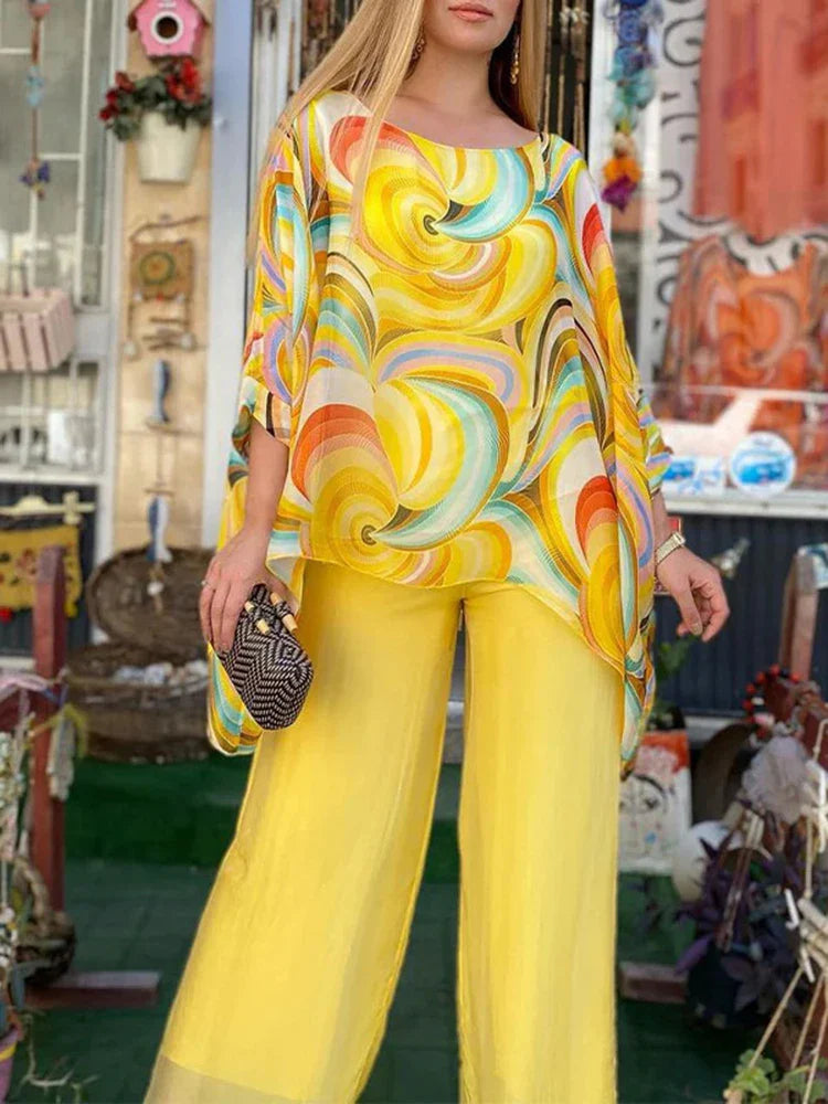 Print Chiffon Two Piece Set Women O Neck Long Sleeve Top Wide Leg Pants