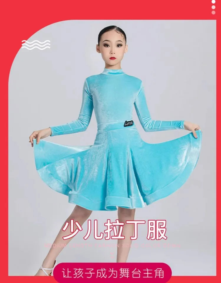 Girls' Latin Dance Dress Autumn/Winter Long Sleeve Professional Practice Dress Velvet Split Set Dance Performance Dress