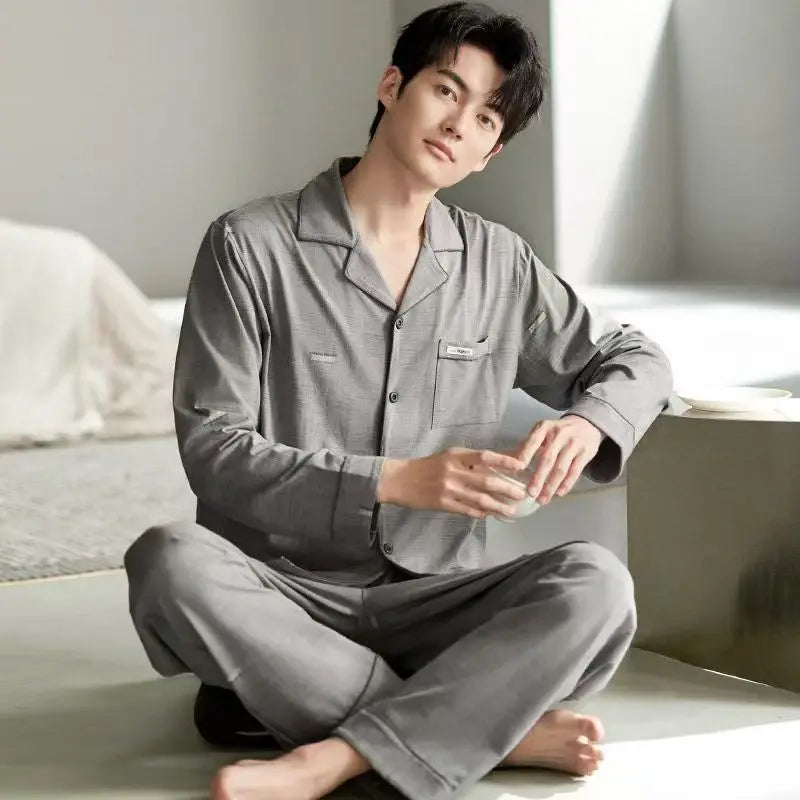 New Men's Pajamas Spring and Autumn Set, Can Be Worn Outside, Cardigan Loungewear, Casual Long-Sleeved, Large Size, Loose Fit, Autumn and Winter