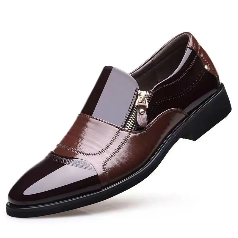 2025Men's Leather Shoes Sharp Pointed Outdoor Anti Slip Flat Fashion Business Zipper Footwear Casual Comfort Male Shoes
