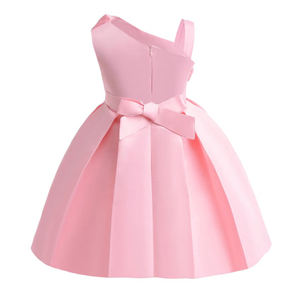 Girls Black Dress Children's Clothing Pink Solid Color Single-Shoulder Dress Fashionable Princess Dress Birthday Evening Dress