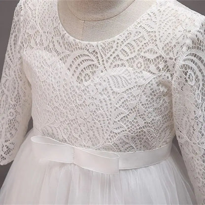 Elegant Dress For Teenage Girl Lace White Long Sleeve Wedding Princess Dresses For Children Prom First Communion Long Puffy Gown