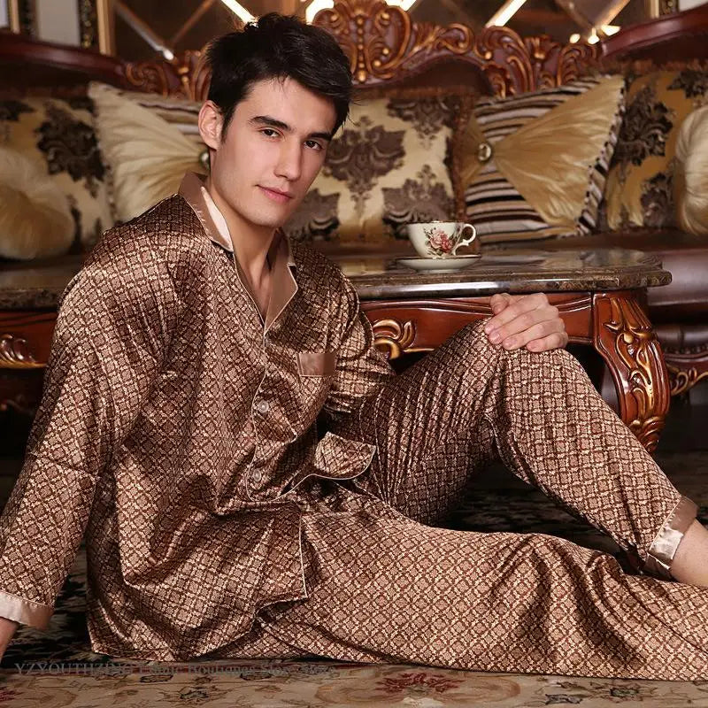 Spring Autumn New Male 2PCS Pajamas Set Sleepwear Print Long Sleeve Trouser Pijamas Suit Loungewear Loose Silk Satin Home Wear
