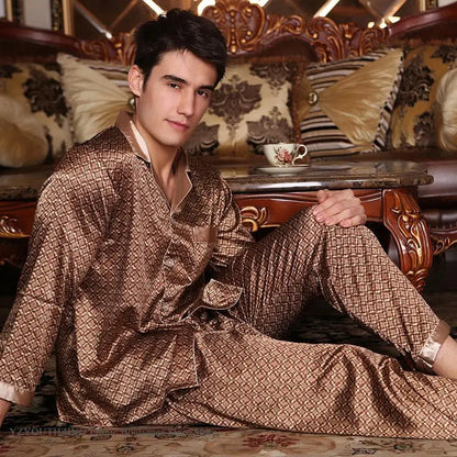 Spring Autumn New Male 2PCS Pajamas Set Sleepwear Print Long Sleeve Trouser Pijamas Suit Loungewear Loose Silk Satin Home Wear