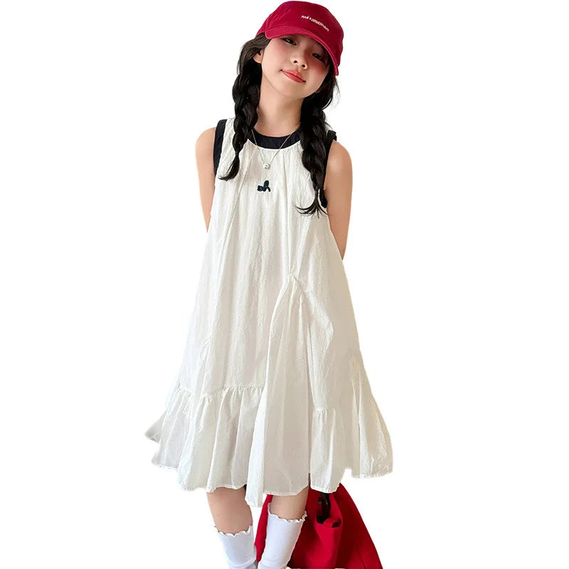 New Summer Girls Princess Dress Kids Sleeveless Dress with Ruffles Design Dresses for Teen Child Casual Vacation Beach Dress