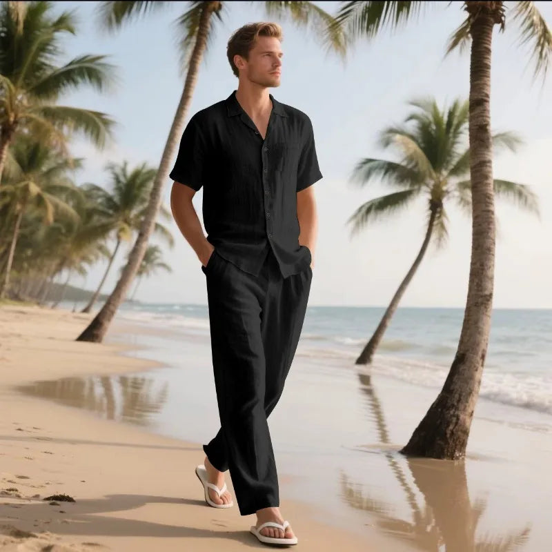 Men's Holiday Suits Summer Short Sleeve Shirts Pant Breathable Linen Beach Casual American Style Shirt Sets Leisure Trip Clothes