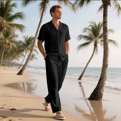 Men's Holiday Suits Summer Short Sleeve Shirts Pant Breathable Linen Beach Casual American Style Shirt Sets Leisure Trip Clothes