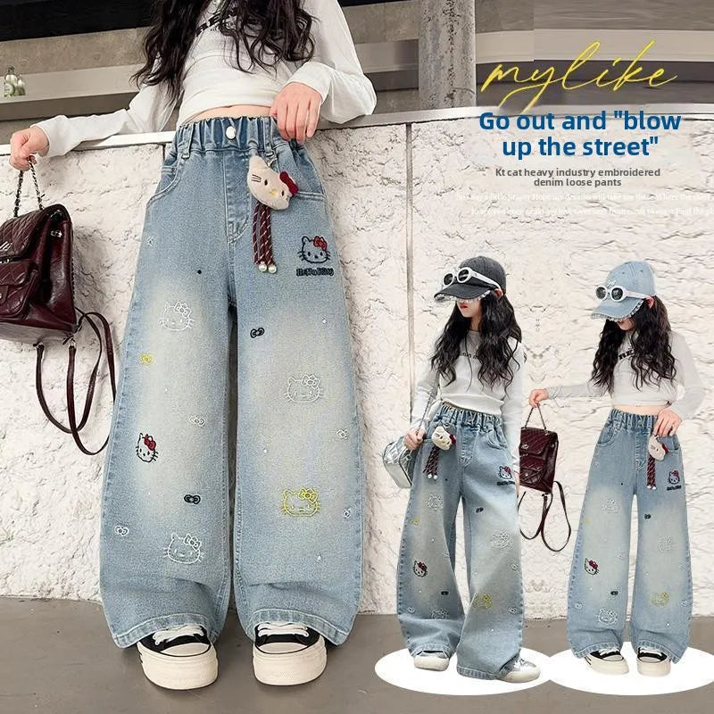 Girls Spring Autumn Wide Leg Jeans High Waist Long Pants Children's Clothing Kids' Denim Trousers Trendy Streetwear for Girls