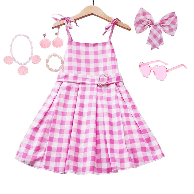 Girls' Summer Off Shoulder Dress with Belt Suitable For Female Pink Plaid Frock Kid Christmas And Halloween Role-Playing Costume