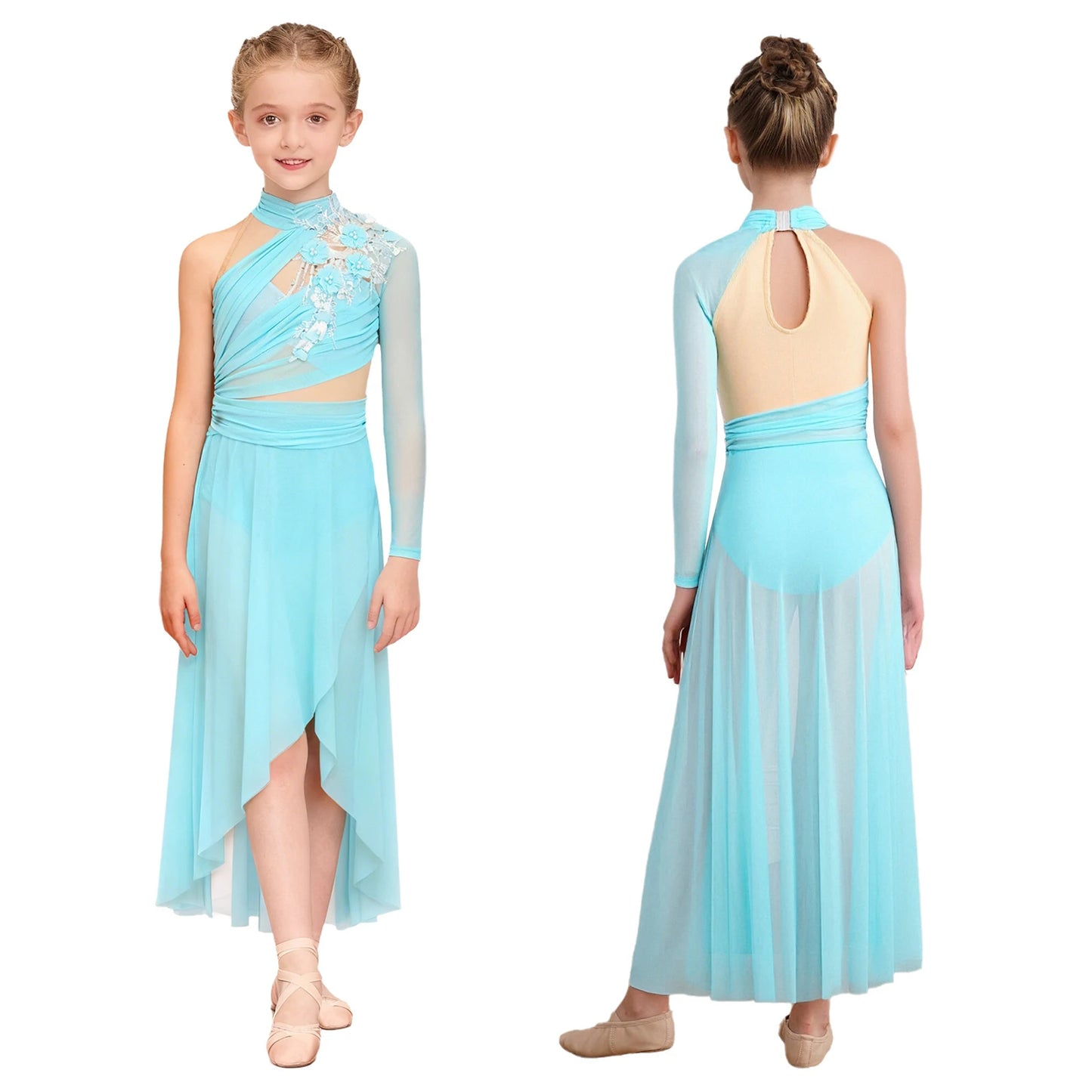 Kids Girls Modern Lyrical Dance Dresses Delicate Applique Keyhole Back Side Split Irregular Hem Asymmetrical Ruched Mesh Dress