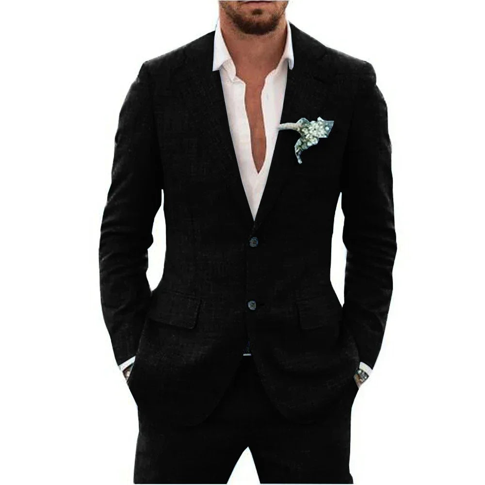 High Quality Linen Suits for Men Two Piece Formal Notch Lapel Single Breasted Male Suit Beach Casual Elegant Wedding Tuxedo