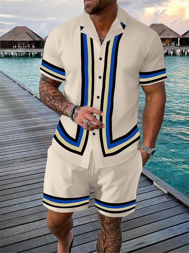 2024 New Men's Beach Wear 2-Piece Quick Drying Hawaiian Shirt and Shorts Set Summer Men's Fashion Striped Print Casual Wear