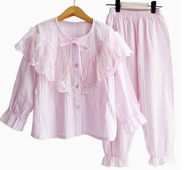 Girls Cotton Pajama Set Long Sleeve Kids Sleepwear Loungewear Comfy Home Clothes Basic Solid Color 2 Piece Outfit Summer Wear