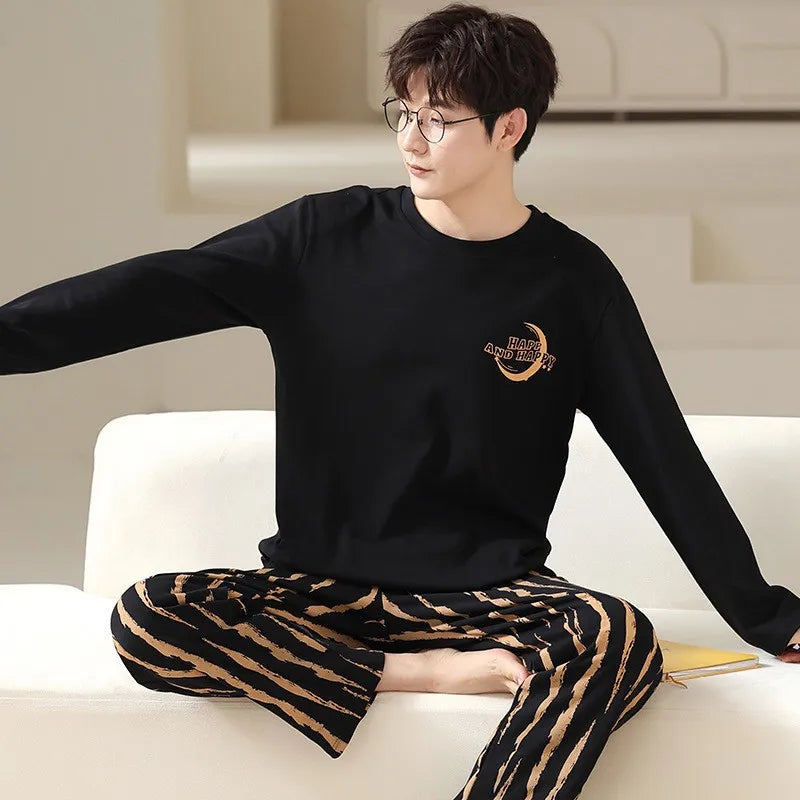 Men Pajamas Long-Sleeved Long Trousers Autumn and Winter Large Size Homewear Two-Piece Set Sleepwear Loungewear Youth Nightwear