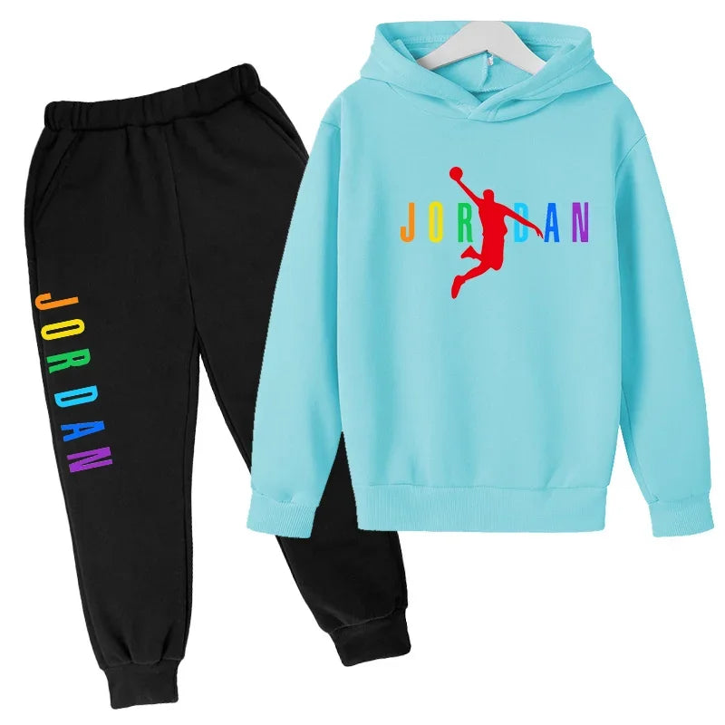 Children Sports Coat 3-13 Years Hoodie Basketball Letter Print Boys Sweatshirt Girls Toddler Top + Trousers 2P Stylish Casual Se