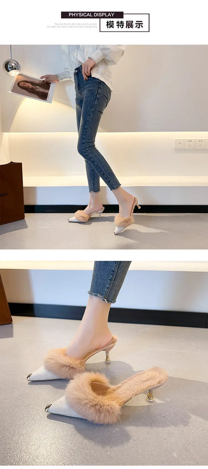 Women High Heel Shoes 2025 Fur Slippers Mules Pointed Toe Furry Slides Fashion Elegant Luxury Designer Flip Flops Office Pumps