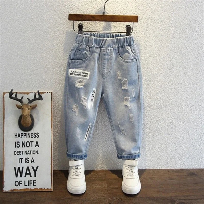 Boys Jeans Spring Autumn New Kids Hole Demin Pants Children Wear Teen Fashion Fit Long Pants Print Harlequin Trousers 3-12 Years