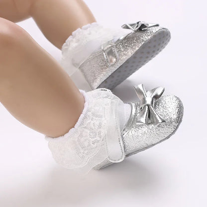 Cute Silver Gold Baby Girls Shoes Bow Princess Shoes PU Anti-slip Soft Sole Infant First Walkers Newborn Crib Baby Shoes