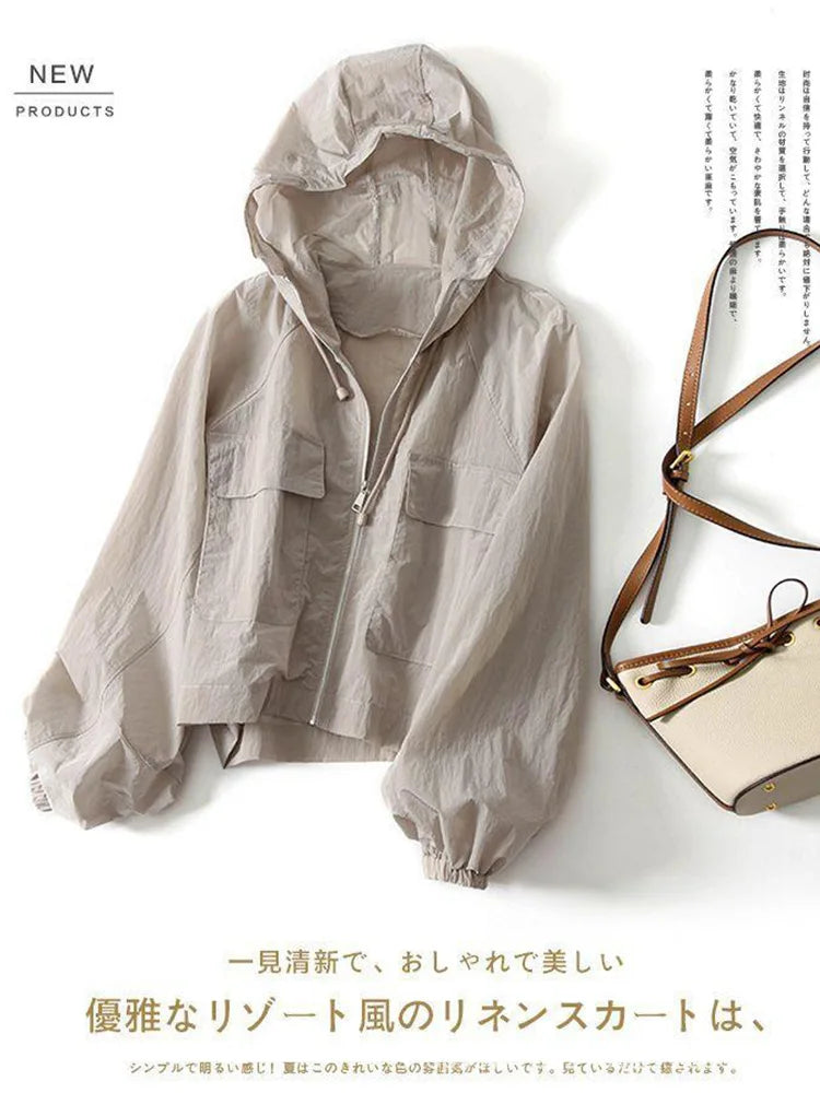 Girls Sunscreen Coat Adult Short Hooded Thin Sunscreen Jacket Women Indoor Casual Air-Conditioned Coat Older Children Sportswear