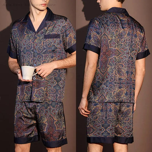 Large Size 3XL Men Pajama 2Pcs Set Summer New Short Sleeve Shorts Pijamas Suit Loose Ice Silk Satin Sleepwear Male Home Clothes
