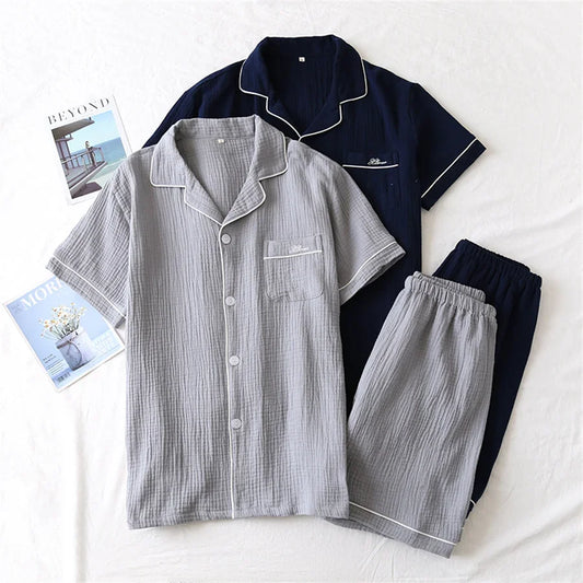2025 New Summer Men Pajamas Suit Cotton Crepe Gauze Solid Color Simple Short-sleeved Shirt Shorts Sleepwear Men's Loungewear