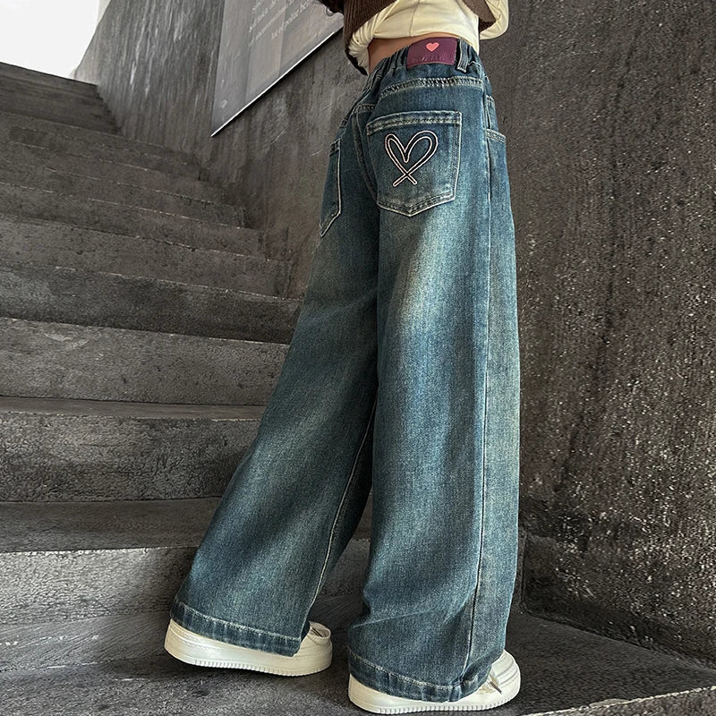 Girls jeans back pocket love  wide-leg pants 2025 spring and autumn slimming straight pants suitable for 5-15 years old pants