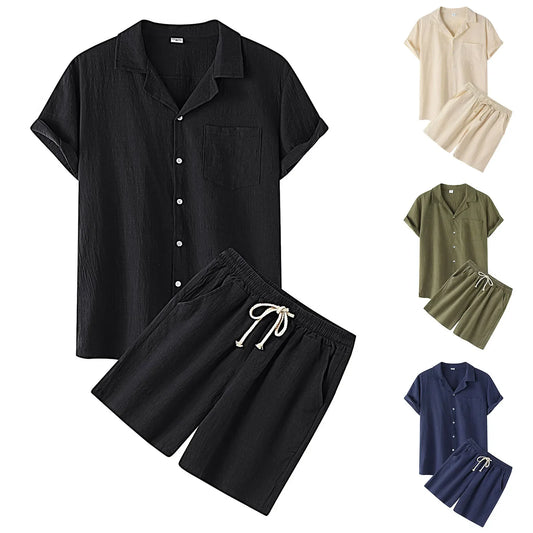 Cotton Linen Men Outfit Set Summer Casual Loose Single Breasted Men's Shirt Shorts 2 Pcs Sets Solid Beach Wear Short Sleeve Suit