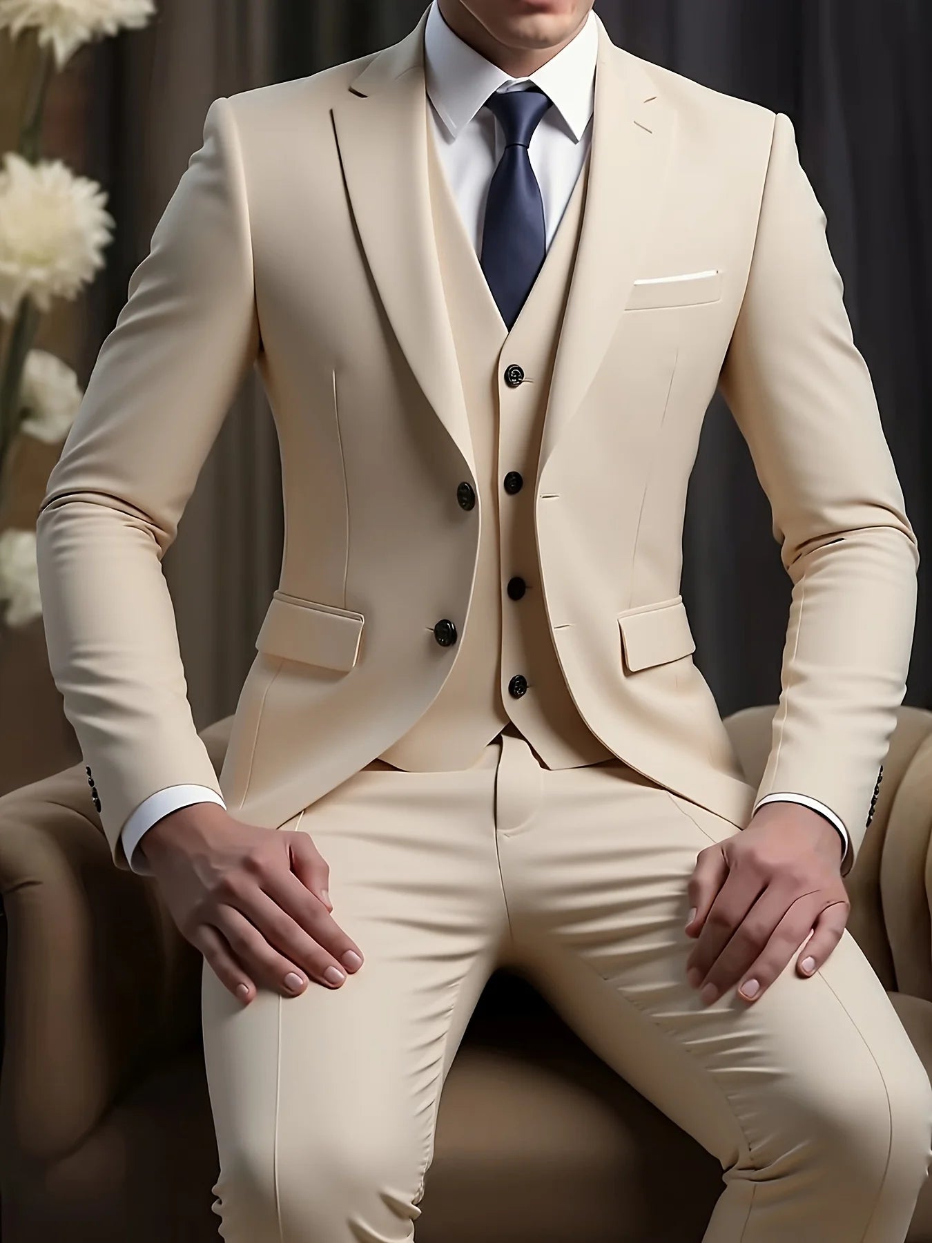 Men's 3-piece suit, green fruit collar, large suit, suit pants, formal tie, wedding dress, vest, work uniform, holiday gift.