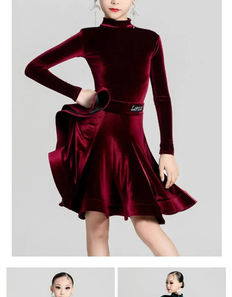 Girls' Latin Dance Dress Autumn/Winter Long Sleeve Professional Practice Dress Velvet Split Set Dance Performance Dress