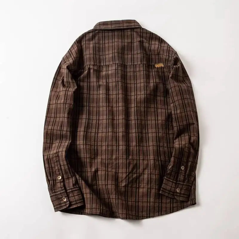 Men's Casual Washed Cotton Plaid Dress Shirt Japanese Retro Embroidered Long Sleeve Spring Autumn Male Button Down Tops Shirts