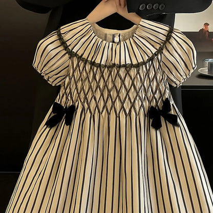 Girls' Dress 2025 Summer New Style Dress Striped Short Sleeve Daily Skirt Pure Cotton Fashion and Comfortable Kids Dress