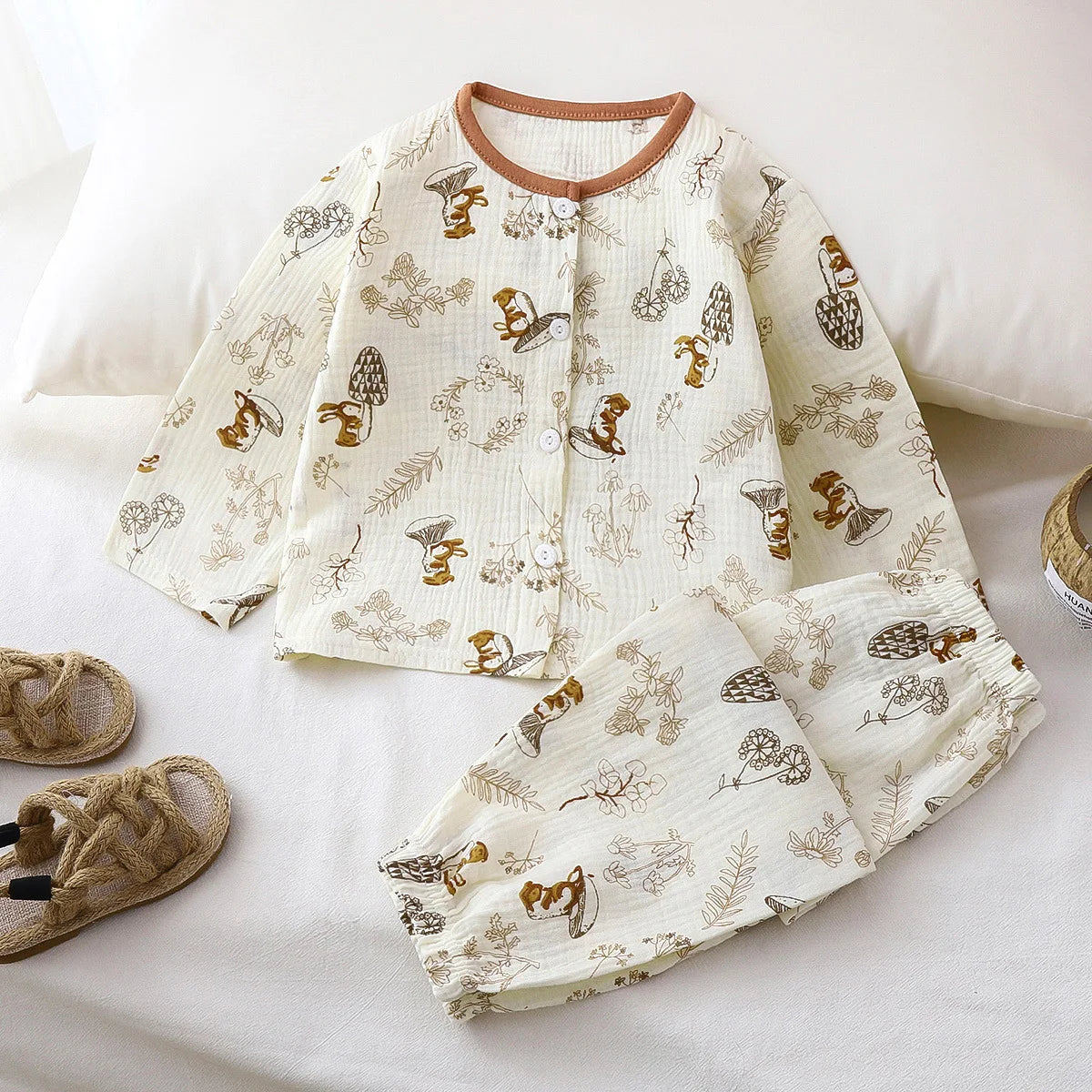 Girls Summer Thin Pajamas Homewear Cute Cartoon Floral Print Long Sleeve Lace Trimmed Sleepwear Baby Boys Casual Clothing Sets