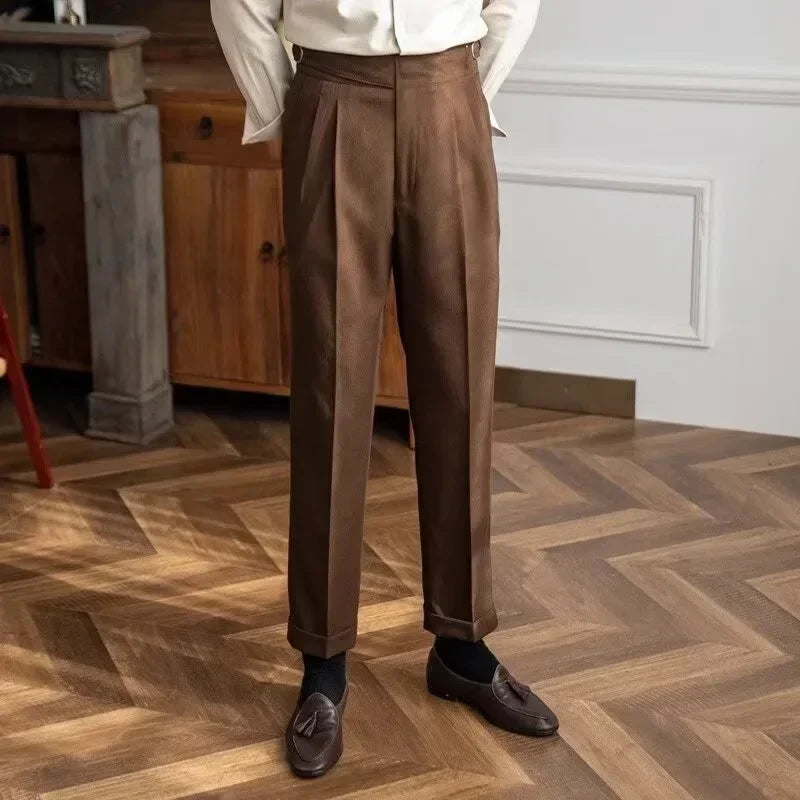 British Men's Suit Pants Straight High Waisted Naples Pants Formal Business Brown Black Khaki Off White Trousers Wedding Dress