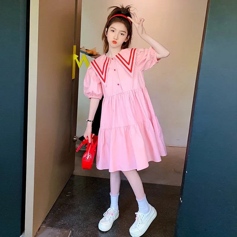 Teens Girls Summer Dress Children Casual Sweet Turn-down Collar Gown Kids Pink Short Sleeves Vestidos New Princess Loose Dresses