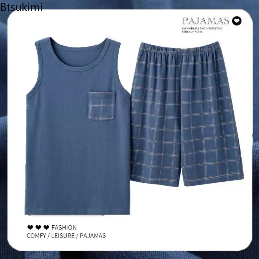 2026 New Men's Pajamas Sets Casual 100% Cotton Home Wear Sleeveless O-Neck Vest and Shorts Two Piece Sets Summer Couple Pajamas